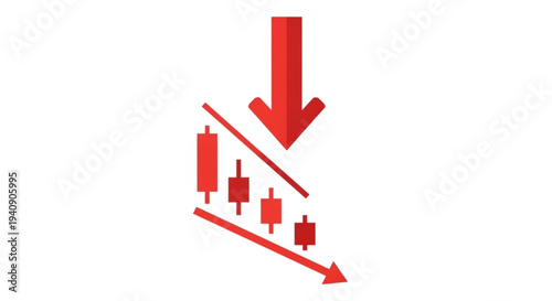 Red stock market chart with downward trend and arrows indicating decline in financial data showing loss and decrease