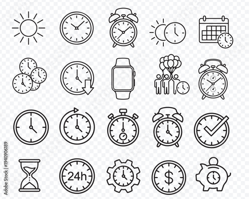 Time Clock Icons Set - Editable Stroke Line Art Symbols for Alarm, Timer, Stopwatch, Schedule, Calendar, Hourglass, 24 Hours, Watch, Time Management, Deadline