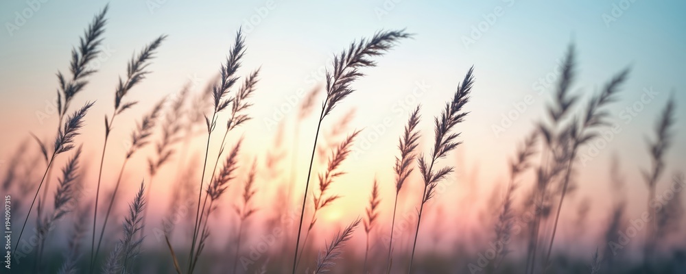 Fototapeta premium Tall grass stalks sway gently against a soft pastel sky at sunset. The warm colors of dusk create a peaceful, natural scene. This image represents quiet solitude and the beauty of the outdoors.