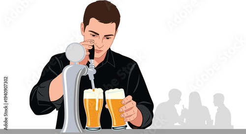 A focused male bartender in a dark shirt carefully fills two tall glasses with frothy beer from a gleaming tap at a bar.