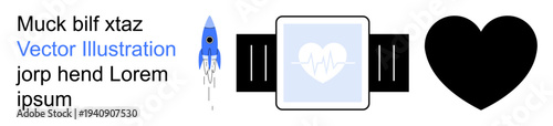 Health monitoring, wearable technology, fitness development, innovation, space exploration, digital health. A wristwatch with a heartbeat icon, a rocket and a heart shape. Health monitoring
