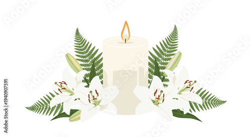 A pristine white pillar candle is elegantly framed by lush green ferns and delicate white lilies against a plain background.