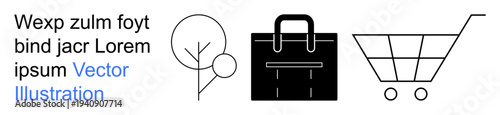 Business, commerce, retail, growth, simplicity, nature. Minimalistic line drawings of a tree, briefcase and shopping cart. Business and commerce in simple line art