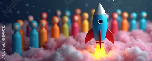 Blue rocket launches from pink clouds. Diverse figures watch launch. Concept of new project start, teamwork, business growth, and bright future.