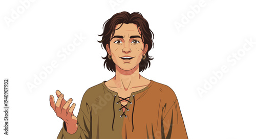 A smiling medieval man with shaggy brown hair and gold hoop earrings gestures with an open hand while wearing a rustic tunic.