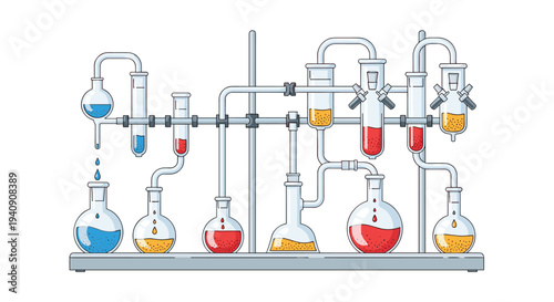 A complex laboratory setup with multiple glass flasks, test tubes, and connecting pipes containing blue, yellow, and red liquids is illustrated on a white background.