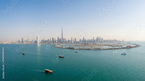 Dubai Cityscape Aerial View Over Persian Gulf with Modern Skyscrapers, Iconic Architecture, Palm Jumeirah, and Traditional Boats Under Clear Sky