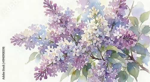 Watercolor lilac flowers in purple and lavender shades with green leaves on white background. Spring floral botanical illustration for greeting cards.