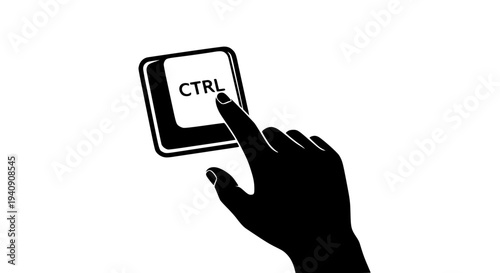 Silhouette of a human index finger pressing the black and white graphic representation of the control key on a computer keyboard isolated against a clean white background for digital interface concept