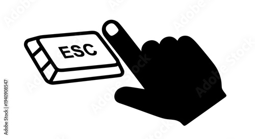 Icon showing a human finger about to press the computer keyboard escape key labeled ESC symbolizing system control, canceling operations, or exiting various digital programs and complicated situations