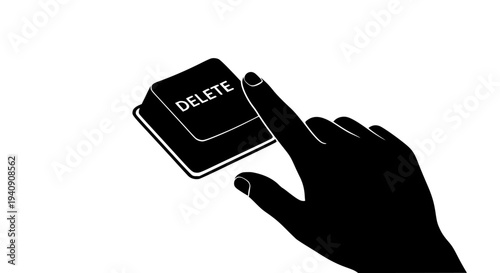 Hand presses the delete key on a computer keyboard, a clean black and white vector graphic illustration. This image visually represents digital data removal, error correction, file deletion, system .