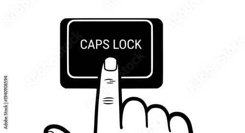 Finger pressing the Caps Lock keyboard button in bold black and white graphic style, signaling attention or importance for digital communication, typing input, or computer interface warnings.