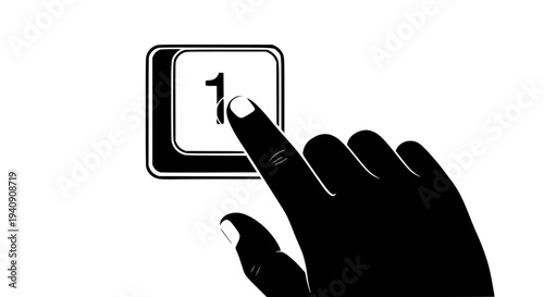 Black and white silhouette illustration of a human index finger about to press or activate a prominent square button clearly displaying the numeral one against a clean white background backdrop.