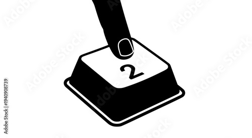 Simple black and white icon representing a finger about to press the number two key on a square keyboard button, symbolizing counting or a selection choice in graphic design.