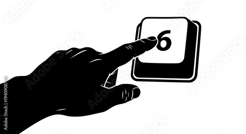Stylized black and white graphic illustration depicting a human index finger pressing down firmly on a floating digital number six key representing data entry, selection, or a specific command input.