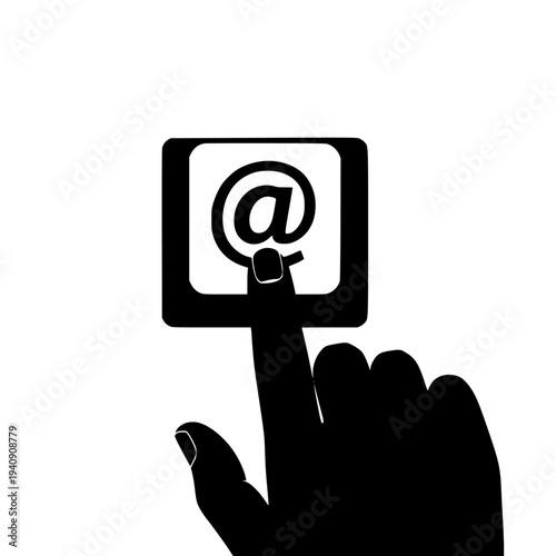 Silhouette of a human finger pressing the at symbol icon within a square button, representing email contact or digital communication on a clean white background.