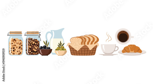 A diverse breakfast spread featuring granola jars, milk, olives, sliced bread, coffee, and a croissant with a teacup is arranged horizontally on a white background.