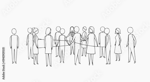 A minimalist line art illustration of people holding hands in a circle