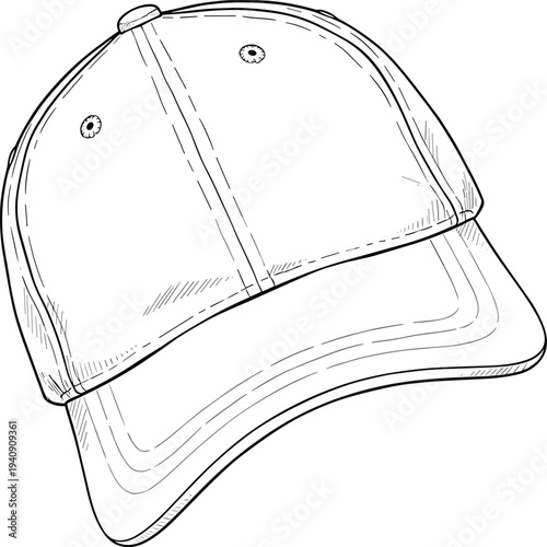 Baseball cap technical fashion illustration with front view showing curved visor panel construction stitching details flat headwear sketch isolated on white background