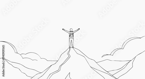 A minimalist line art illustration of a triumphant man standing on a mountain peak with his arms raised in victory