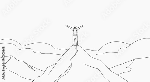A minimalist line art illustration of a triumphant man standing on a mountain peak with arms outstretched