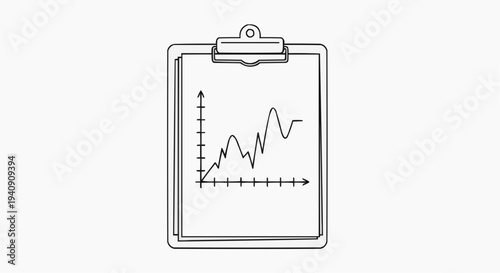 A minimalist vector graphic of a clipboard with a line graph on a plain white background
