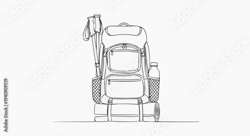 A minimalist line art illustration of a backpack with hiking gear