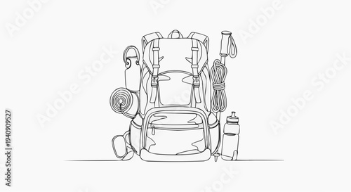 A minimalist line art illustration of a hiking backpack with outdoor gear
