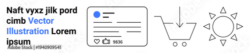 Social media content, e-commerce interfaces, online shopping design, digital communication, branding, UI elements. A post layout with cart icon and sun symbol. Social media and e-commerce design