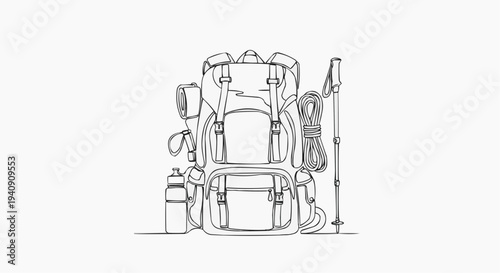 A minimalist line art illustration of hiking gear including backpacks and trekking poles.