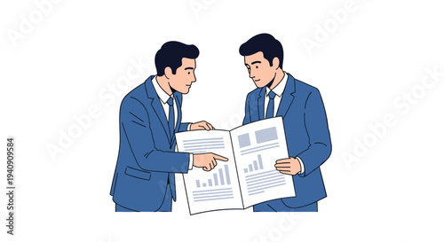 Two professional businessmen in blue suits are intently reviewing a document with charts and text on a clean white background.