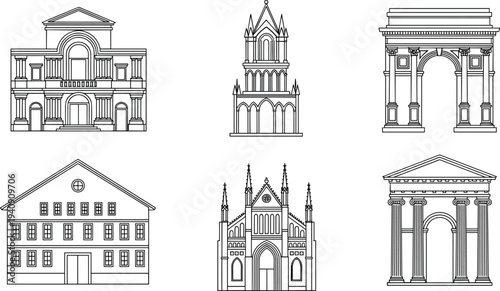 Classic historic architecture buildings and monuments collection featuring churches, arches, palaces, and neoclassical facades illustrated in detailed black line art