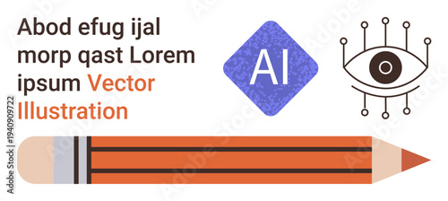 Creativity, AI design, education, digital tools, modern tech, innovation. A pencil, text elements an eye icon and an AI symbol. Creativity and AI design showcased visually