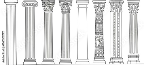 Classical architectural column illustration set, ancient Greek Roman pillars orders capitals ornamental stone design vector engraving line art collection