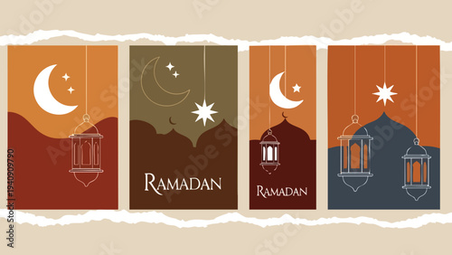 Ramadan Kareem greeting cards. Islamic crescent moon, lanterns, mosque silhouette. Boho colors.