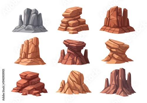 Desert Rock Formations Collection. Natural Stone Pillars. Eroded Sandstone Structures. Vector Illustration.