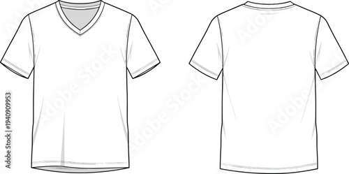 Men V neck t shirt technical fashion illustration showing front and back views casual short sleeve apparel flat garment sketch isolated on white background