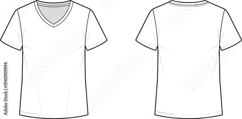 Men V neck t shirt technical fashion illustration with front and back views casual short sleeve apparel flat garment sketch isolated on white background