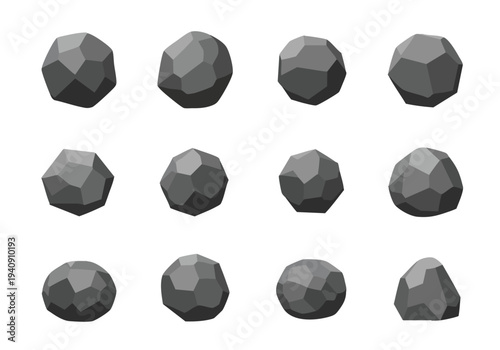 Geometric Asteroids. Space Rocks. 3D Render. Gray Texture. Collection.