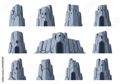 Stone Castle Entrances. Fantasy Rock Caves. Pixel Art Style. Ancient Texture. Game Assets.
