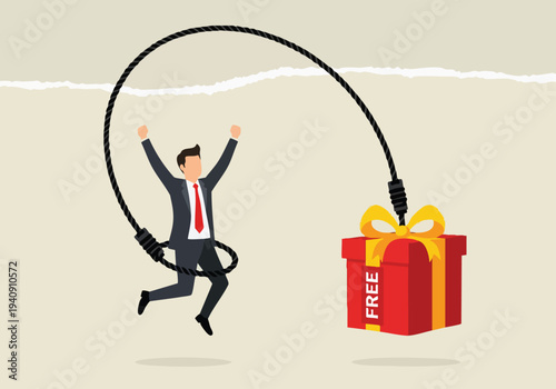 Businessman jumping with joy, connected by rope to a free gift box.