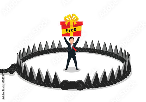 Businessman in a bear trap holding a free gift. Temptation and risk in business. Deception concept illustration.