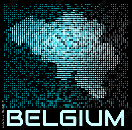 Belgium digital dotted map. Shape of the country in cyan color palette on dark background. Futuristic Belgium map design. Vector illustration.