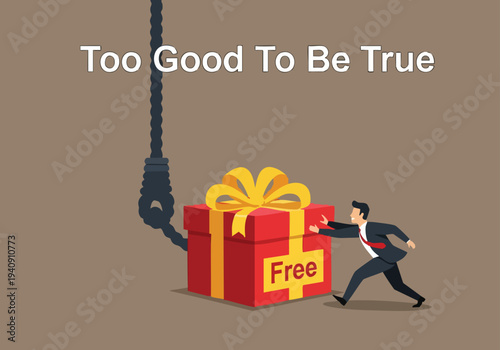 Businessman Reaching for Free Gift Box Hooked on Fishing Line, Too Good To Be True Concept