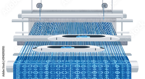 A complex weaving loom with numerous blue threads and two shuttles is actively producing patterned fabric on a white background.