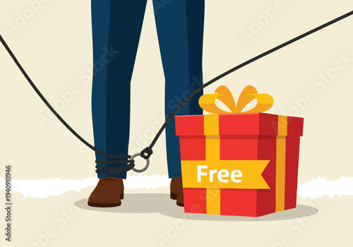 Man trapped by free gift. Conceptual illustration of hidden costs. Marketing strategy.
