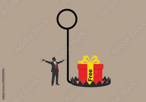 Businessman trapped by free gift in bear trap. Risk, danger, deception.