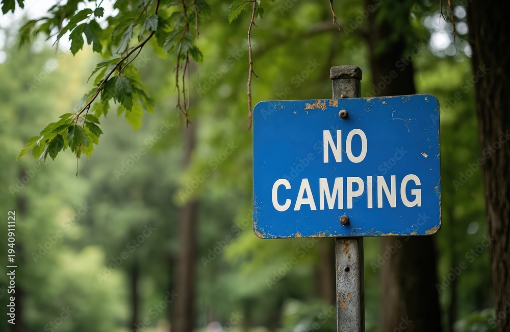 Fototapeta premium Blue metal signpost with white text NO CAMPING stands in forest. Green leaves hang nearby. Sign prohibits overnight stays in this wooded area.
