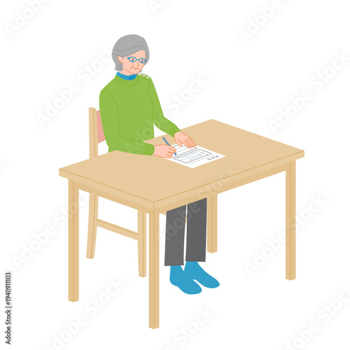 Senior woman filling out application form at desk