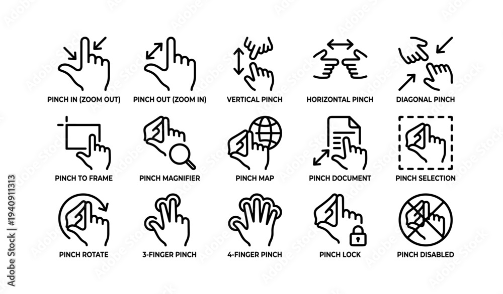 Fototapeta premium Pinch gesture icon set: zoom, rotate, lock, disable, frame, magnifier, map, document